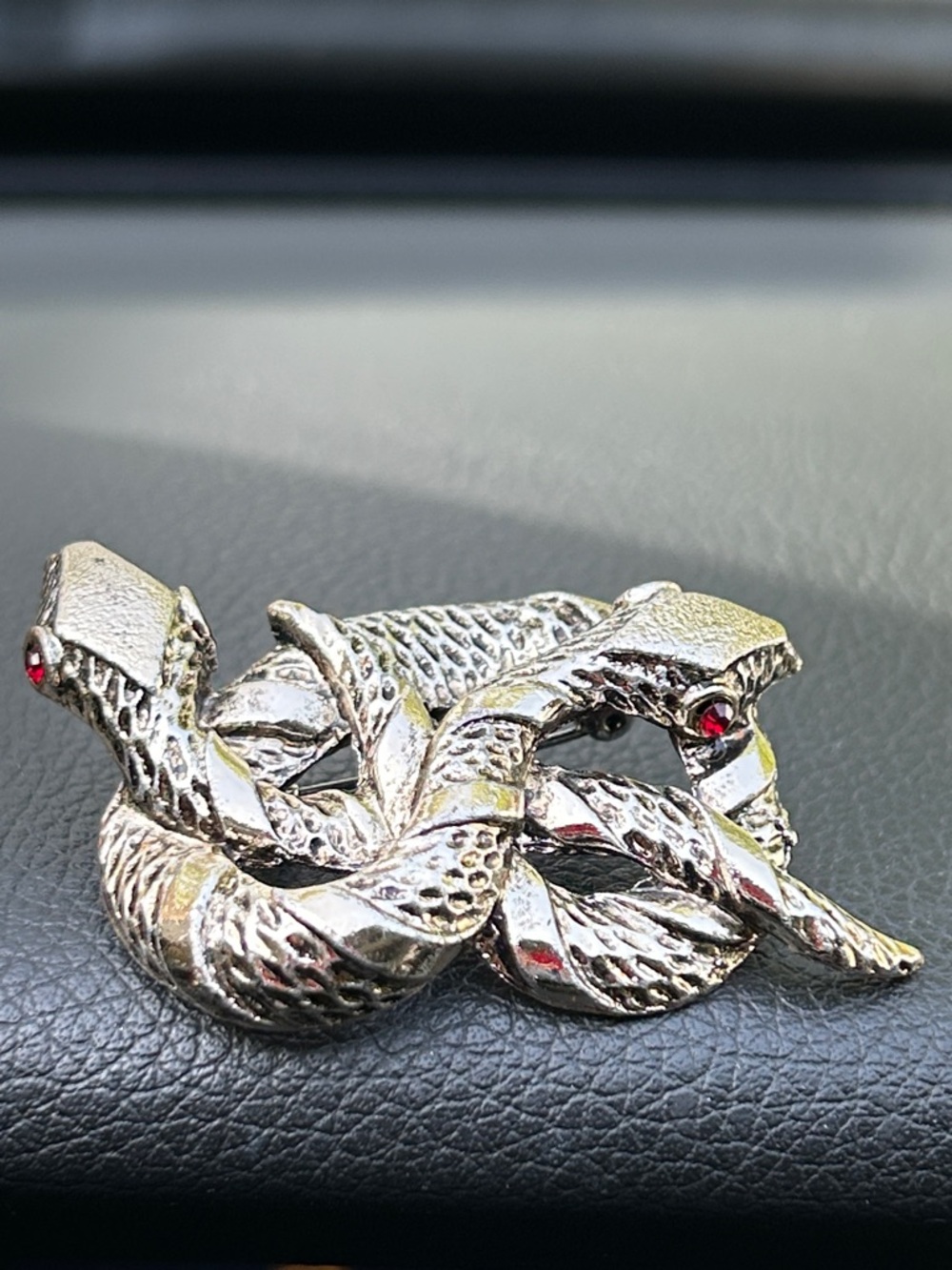 Silver-Tone Double Entwined Snake Brooch with Red Rhinestone Eyes